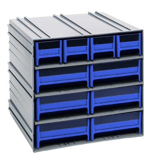 The Quantum Interlocking Storage Cabinets feature gray exteriors and blue drawers, with (4) IDR201 and (6) IDR203 configurations. They have windows, two dividers per drawer, stack horizontally or vertically, or mount on walls. Perfect for organizing small items, made in the USA.