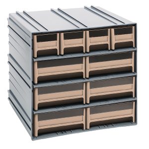 The Quantum Interlocking Storage Cabinets, measuring 11-3/8D x 11-3/4W x 11H, feature ten ivory drawers: two small and six medium arranged in four rows with windows and two dividers each. These gray plastic cabinets interlock horizontally/vertically or can be wall-mounted. Made in USA.