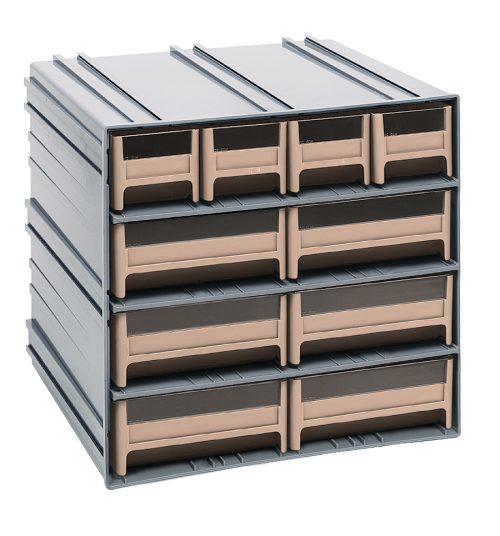 The Quantum Interlocking Storage Cabinets, measuring 11-3/8D x 11-3/4W x 11H, feature ten ivory drawers: two small and six medium arranged in four rows with windows and two dividers each. These gray plastic cabinets interlock horizontally/vertically or can be wall-mounted. Made in USA.