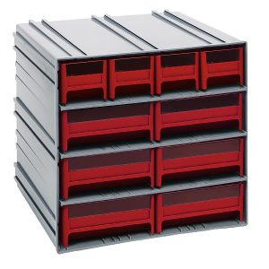 The Quantum Interlocking Storage Cabinets, measuring 11-3/8D x 11-3/4W x 11H, feature nine red-fronted drawers for organizing small items. It includes (4) IDR201 and (6) IDR203 modules that interlock horizontally and vertically or can be wall-mounted. Made in the USA.