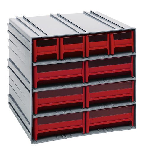 The Quantum Interlocking Storage Cabinets, measuring 11-3/8D x 11-3/4W x 11H, feature nine red-fronted drawers for organizing small items. It includes (4) IDR201 and (6) IDR203 modules that interlock horizontally and vertically or can be wall-mounted. Made in the USA.