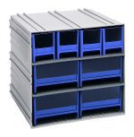 The Quantum Interlocking Storage Cabinets feature a gray exterior with six blue drawers, each with translucent fronts for visibility. Measuring 11-3/8D x 11-3/4W x 11H, they are ideal for tools or office supplies and include windows and two dividers per drawer for enhanced organization.
