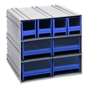 The Quantum Interlocking Storage Cabinets feature a gray exterior with six blue drawers, each with translucent fronts for visibility. Measuring 11-3/8D x 11-3/4W x 11H, they are ideal for tools or office supplies and include windows and two dividers per drawer for enhanced organization.
