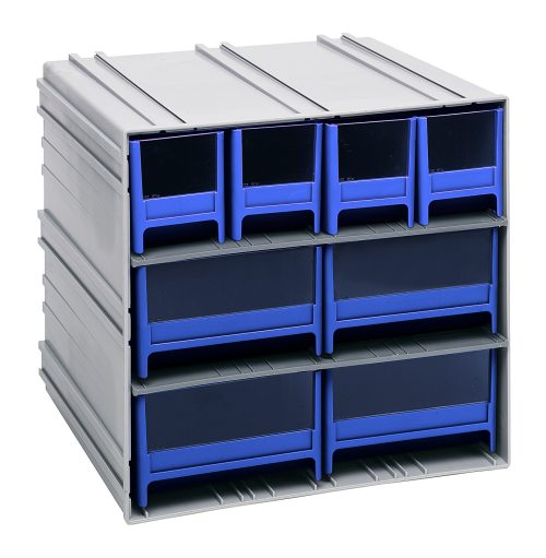 The Quantum Interlocking Storage Cabinets feature a gray exterior with six blue drawers, each with translucent fronts for visibility. Measuring 11-3/8D x 11-3/4W x 11H, they are ideal for tools or office supplies and include windows and two dividers per drawer for enhanced organization.