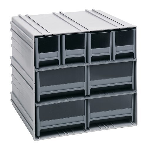 The Quantum Interlocking Storage Cabinets feature gray drawers made in the USA, measuring 11-3/8D x 11-3/4W x 11H. Each includes two dividers and can interlock horizontally or vertically. They have windows and a ridged surface, perfect for seamless organization alongside windows.