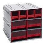 The Quantum Interlocking Storage Cabinet is gray with red drawers, measuring 11-3/8D x 11-3/4W x 11H. It features nine transparent-front compartments, includes (4) IDR202 and (4) IDR204 inserts, windows, and (2) dividers per drawer for versatile organization. It can be wall-mounted or interlocked in multiple configurations.