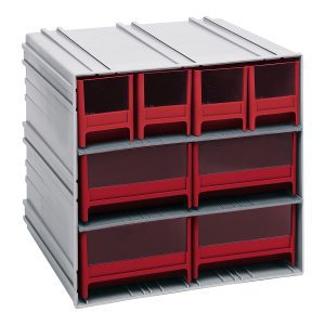 The Quantum Interlocking Storage Cabinet is gray with red drawers, measuring 11-3/8D x 11-3/4W x 11H. It features nine transparent-front compartments, includes (4) IDR202 and (4) IDR204 inserts, windows, and (2) dividers per drawer for versatile organization. It can be wall-mounted or interlocked in multiple configurations.