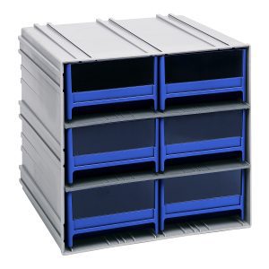 The Quantum Interlocking Storage Cabinet, made in the USA, has a gray blocky design with two columns and three rows of blue pull-out drawers. Each 11-3/8D x 11-3/4W x 11H drawer includes windows and two dividers for organizing items efficiently. The cabinets interlock or can be wall-mounted.