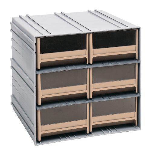 The Quantum Interlocking Storage Cabinet, measuring 11-3/8D x 11-3/4W x 11H, features six ivory drawers and brown-tinted windows for easy viewing. It assembles in two columns of three rows and interlocks horizontally or vertically, offering a gray plastic exterior to organize essentials. Made in the USA.