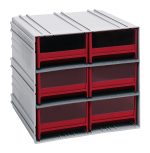 The Quantum Interlocking Storage Cabinets in gray offer six red drawers (IDR204) with transparent fronts, perfect for organizing small items in workshops or offices. Measuring 11-3/8D x 11-3/4W x 11H, they interlock horizontally and vertically or can be wall-mounted. Made in the USA.