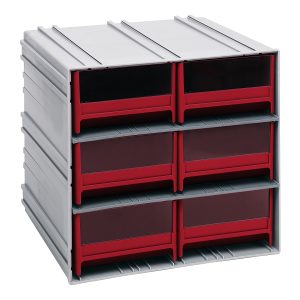 The Quantum Interlocking Storage Cabinets in gray offer six red drawers (IDR204) with transparent fronts, perfect for organizing small items in workshops or offices. Measuring 11-3/8D x 11-3/4W x 11H, they interlock horizontally and vertically or can be wall-mounted. Made in the USA.