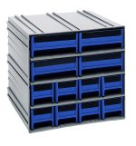 The Quantum Interlocking Storage Cabinets are compact and stackable, featuring blue drawers and black pull-out options. Measuring 11-3/8D x 11-3/4W x 11H, each cabinet includes (8) IDR201, (4) IDR203, windows, and two dividers per drawer. They interlock both horizontally and vertically or can be wall-mounted.