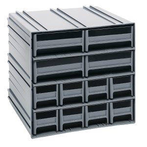 The Quantum Interlocking Storage Cabinets in gray measure 11-3/8D x 11-3/4W x 11H, featuring cubical design with four slot rows, windows, and two dividers per drawer. They interlock horizontally or vertically for efficient storage and can be wall-mounted. Made in USA.
