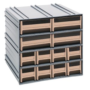 The Quantum Interlocking Storage Cabinets, made in the USA, feature twelve ivory drawers with windows and two dividers each. Measuring 11-3/8D x 11-3/4W x 11H, they have a sleek gray exterior. The cabinets interlock horizontally and vertically or can be wall-mounted.