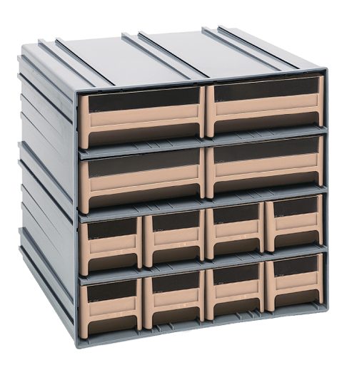 The Quantum Interlocking Storage Cabinets, made in the USA, feature twelve ivory drawers with windows and two dividers each. Measuring 11-3/8D x 11-3/4W x 11H, they have a sleek gray exterior. The cabinets interlock horizontally and vertically or can be wall-mounted.