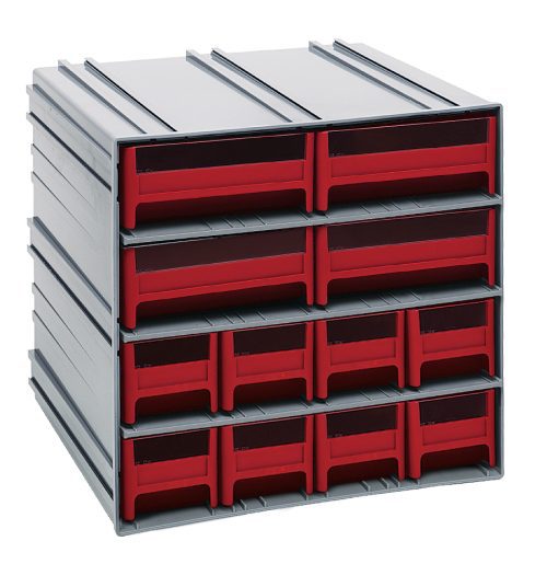 The Quantum Interlocking Storage Cabinet, measuring 11-3/8D x 11-3/4W x 11H, features red drawers in a gray frame. It includes dividers and windows per drawer and interlocks horizontally and vertically or mounts on walls, offering a modular solution for organizing small items. Made in USA.