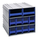 The Quantum Interlocking Storage Cabinets (11-3/8D x 11-3/4W x 11H) feature removable blue drawers with two dividers and front windows. The gray cabinet interlocks horizontally or vertically and can be wall-mounted. Made in the USA, its perfect for organizing small items efficiently.