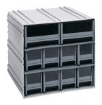 The Quantum Interlocking Storage Cabinet, measuring 11-3/8D x 11-3/4W x 11H, includes (8) IDR202 and (2) IDR204 with clear window front drawers. It features two rows of four drawers each and an empty top slot. Stackable, modular, gray unit made in the USA interlocks horizontally and vertically or can be wall-mounted.