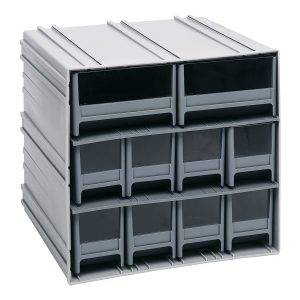 The Quantum Interlocking Storage Cabinet, measuring 11-3/8D x 11-3/4W x 11H, includes (8) IDR202 and (2) IDR204 with clear window front drawers. It features two rows of four drawers each and an empty top slot. Stackable, modular, gray unit made in the USA interlocks horizontally and vertically or can be wall-mounted.
