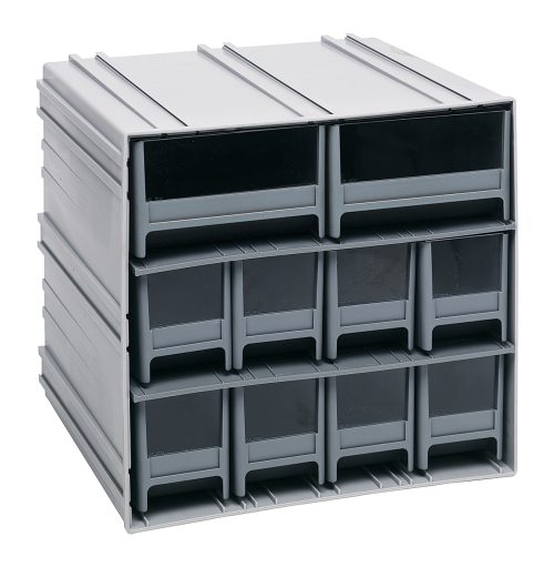 The Quantum Interlocking Storage Cabinet, measuring 11-3/8D x 11-3/4W x 11H, includes (8) IDR202 and (2) IDR204 with clear window front drawers. It features two rows of four drawers each and an empty top slot. Stackable, modular, gray unit made in the USA interlocks horizontally and vertically or can be wall-mounted.