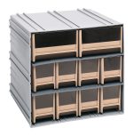 The Quantum Interlocking Storage Cabinets, measuring 11-3/8D x 11-3/4W x 11H, include eight IDR202 and two IDR204 ivory drawers with windows and dividers. They interlock horizontally and vertically or mount on walls for flexible organization. Available in gray, made in the USA.