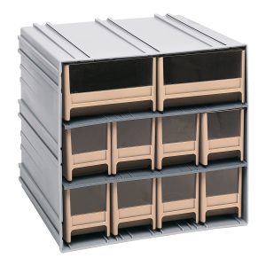 The Quantum Interlocking Storage Cabinets, measuring 11-3/8D x 11-3/4W x 11H, include eight IDR202 and two IDR204 ivory drawers with windows and dividers. They interlock horizontally and vertically or mount on walls for flexible organization. Available in gray, made in the USA.