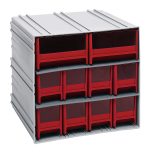 The Quantum Interlocking Storage Cabinet is a gray plastic unit measuring 11-3/8D x 11-3/4W x 11H with three shelves, each featuring three red drawers with translucent fronts. It includes eight IDR202 and two IDR204 drawers, each equipped with windows and two dividers.