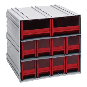 The Quantum Interlocking Storage Cabinet is a gray plastic unit measuring 11-3/8D x 11-3/4W x 11H with three shelves, each featuring three red drawers with translucent fronts. It includes eight IDR202 and two IDR204 drawers, each equipped with windows and two dividers.
