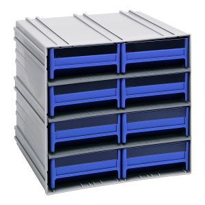 The Quantum Interlocking Storage Cabinets, 11-3/8D x 11-3/4W x 11H, feature grey exteriors with blue drawers and include (8) IDR203. They interlock horizontally and vertically or can be wall-mounted. Each drawer has windows and comes with (2) dividers. Made in the USA.
