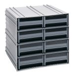 A gray Quantum Interlocking Storage Cabinet with modular design features multiple black sliding drawers, each stackable in three rows with two drawers per row. Each drawer includes (8) IDR203 bins and can be interlocked or wall-mounted for versatile storage options. Made in the USA.