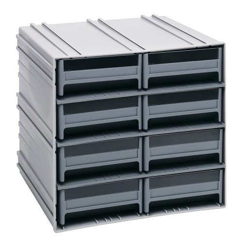 A gray Quantum Interlocking Storage Cabinet with modular design features multiple black sliding drawers, each stackable in three rows with two drawers per row. Each drawer includes (8) IDR203 bins and can be interlocked or wall-mounted for versatile storage options. Made in the USA.