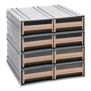 The Quantum Interlocking Storage Cabinet measures 11-3/8D x 11-3/4W x 11H and features eight ivory sliding drawers with windows and two dividers each, arranged in two columns and four rows. This gray, stackable unit offers flexible storage, interlocking vertically or horizontally. Made in the USA.