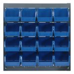 The Quantum Louvered Panel is a wall-mounted organizer measuring 18L x 6D x 19H with a gray enamel-coated finish. It includes 16 Qus210 blue bins on a durable heavy-duty 16-gauge cold-rolled steel frame, ideal for storing small items or tools.