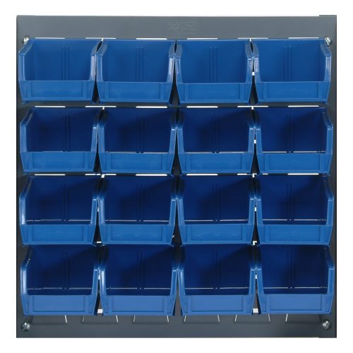 The Quantum Louvered Panel is a wall-mounted organizer measuring 18L x 6D x 19H with a gray enamel-coated finish. It includes 16 Qus210 blue bins on a durable heavy-duty 16-gauge cold-rolled steel frame, ideal for storing small items or tools.