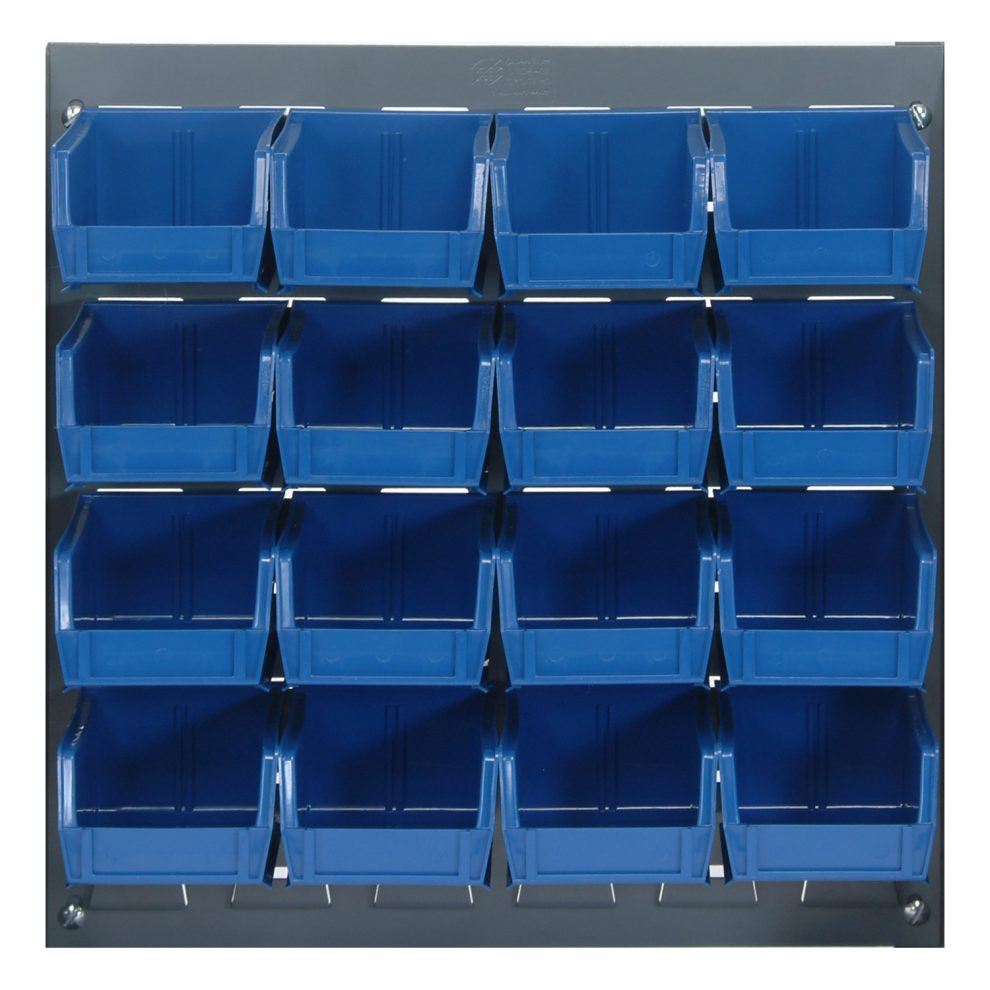 Gray louvered panel with sixteen blue hang and stack bins