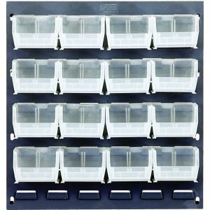 Image of Quantum Louvered Panel, wall mounted, featuring 16 clear bins with hinged lids arranged in a three-row, six-column layout. Made of heavy-duty 16-gauge cold rolled steel with a gray enamel finish, this organizer is empty and ready for use. Dimensions: 18L x 8D x 19H.
