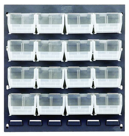 Image of Quantum Louvered Panel, wall mounted, featuring 16 clear bins with hinged lids arranged in a three-row, six-column layout. Made of heavy-duty 16-gauge cold rolled steel with a gray enamel finish, this organizer is empty and ready for use. Dimensions: 18L x 8D x 19H.