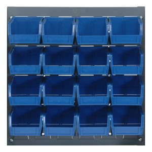The Quantum Louvered Panel wall organizer measures 18L x 8D x 19H and features a heavy-duty gray enamel-coated frame crafted from 16 gauge cold rolled steel. It includes 16 blue Qus220 bins arranged in a 4x4 grid for efficiently organizing small items. (Mounting hardware not included).