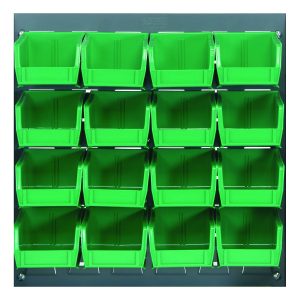 A gray wall-mounted Quantum Louvered Panel, measuring 18L x 8D x 19H, includes sixteen evenly spaced clear QUS220 bins and features heavy-duty cold-rolled steel with a gray enamel finish, ideal for organizing small items.