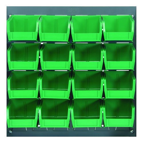A gray wall-mounted Quantum Louvered Panel, measuring 18L x 8D x 19H, includes sixteen evenly spaced clear QUS220 bins and features heavy-duty cold-rolled steel with a gray enamel finish, ideal for organizing small items.