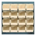 A gray, wall-mounted Quantum Louvered Panel is 18L x 8D x 19H and features sixteen clear QUS220 bins arranged in a 4x4 grid, crafted from heavy-duty 16-gauge cold-rolled steel.