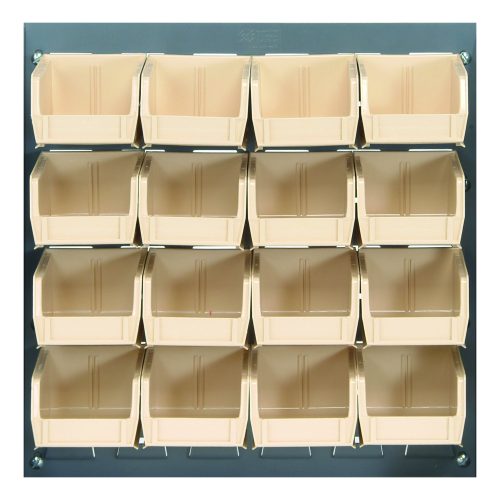 A gray, wall-mounted Quantum Louvered Panel is 18L x 8D x 19H and features sixteen clear QUS220 bins arranged in a 4x4 grid, crafted from heavy-duty 16-gauge cold-rolled steel.