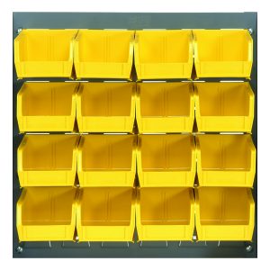 The Quantum Louvered Panel in gray enamel is wall-mounted, sized at 18L x 8D x 19H, and crafted from heavy-duty 16-gauge cold rolled steel. It offers efficient organization with its design featuring clear bins (16 Qus220), excluding mounting hardware.