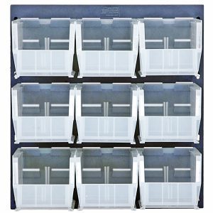The Quantum Louvered Panel, measuring 18L x 11H, includes nine clear QUS230 bins in a 3x3 grid on heavy-duty gray enamel-coated steel. Each bin is empty with an open top for easy access.