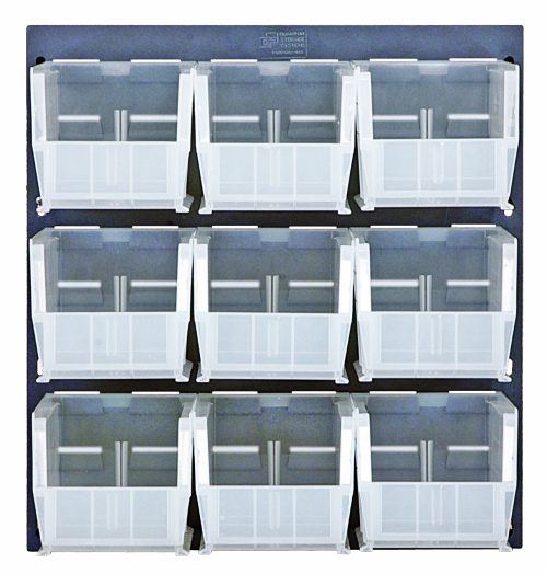 The Quantum Louvered Panel, measuring 18L x 11H, includes nine clear QUS230 bins in a 3x3 grid on heavy-duty gray enamel-coated steel. Each bin is empty with an open top for easy access.
