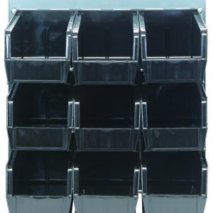 The Quantum Louvered Wall Mounted Panel, measuring 18L x 11H, includes nine QUS230 black bins in a 3x3 grid. It boasts a durable 16-gauge cold-rolled steel frame with a gray enamel finish and top-open bins for easy item access (mounting hardware not included).