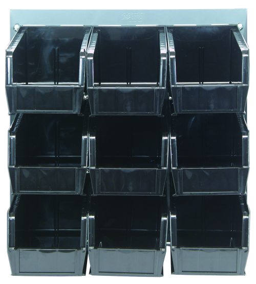 QLP-1819-230-9_BK.jpg The Quantum Louvered Wall Mounted Panel, measuring 18L x 11H, includes nine QUS230 black bins in a 3x3 grid. It boasts a durable 16-gauge cold-rolled steel frame with a gray enamel finish and top-open bins for easy item access (mounting hardware not included).
