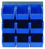 The Quantum Louvered Panel is wall-mounted, featuring nine blue QUS230 bins (18L x 11H) in a 3x3 grid on a grey enamel-coated backboard made of heavy-duty 16 gauge cold rolled steel, perfect for organizing small items efficiently. Mounting hardware not included.