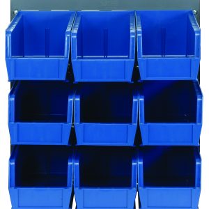 The Quantum Louvered Panel is wall-mounted, featuring nine blue QUS230 bins (18L x 11H) in a 3x3 grid on a grey enamel-coated backboard made of heavy-duty 16 gauge cold rolled steel, perfect for organizing small items efficiently. Mounting hardware not included.
