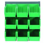 A Quantum Louvered Panel features nine clear Qus230 bins in a 3x3 grid. Each bin offers easy access, and the wall-mounted rack measures 18L x 11H. Its crafted from heavy-duty 16-gauge cold-rolled steel with a gray enamel finish. Mounting hardware is not included.